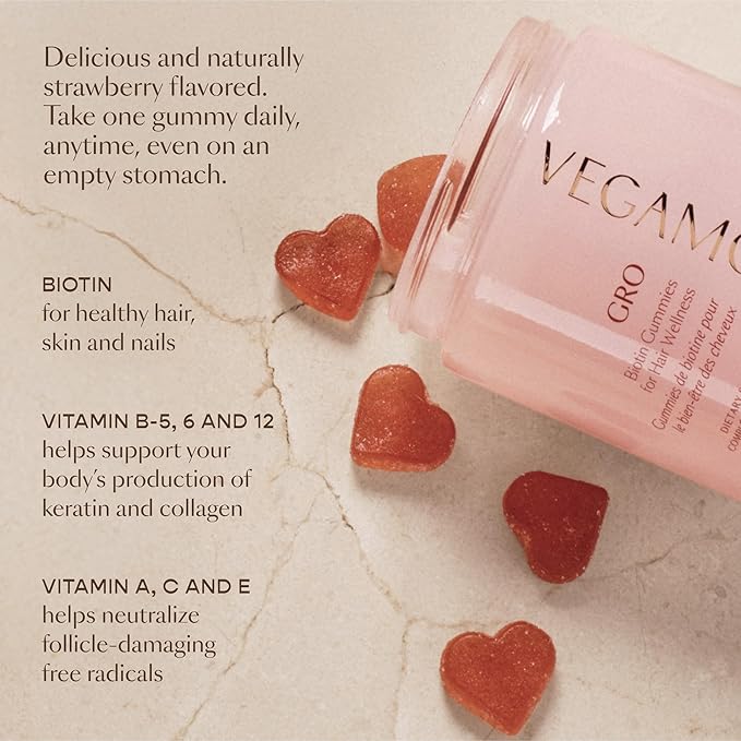 VEGAMOUR GRO Biotin Gummies Strawberry Flavor with 5000 mcg Biotin Supports Healthy Hair Vegan Gummies with Vitamins A B C E B-12 &amp More 30 Ct