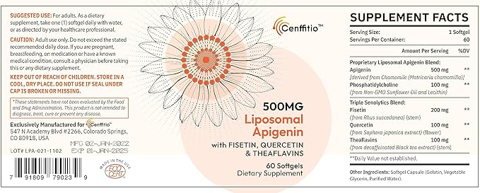 Liposomal apigenin 500mg Softgels - Optimal Apigenin Supplement with Fisetin Quercetin and Theaflavins - 6 Month Supply