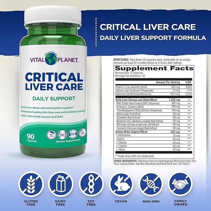 Vital Planet – Critical Liver Care Liver Cleanse Detox &amp Repair Daily Support with Milk Thistle NAC Supplement N-Acetyl Cysteine Dandelion Turmeric Berberine Alpha Lipoic Acid TMG 90 Capsul