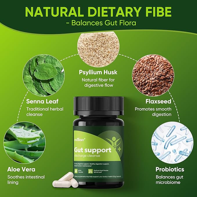 Gut Support Capsules - 15-Day Digestive Support with Psyllium Husk &amp Senna Leaf - Aids Bowel Function &amp Gut Wellness - 60 Active Capsules (2PCS)