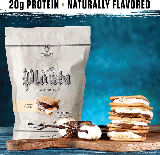 Ambrosia Planta - Plant-Based Protein Powder 20g | Dairy Free Vegan Protein Powder with BCAA Amino Acids | Keto-Friendly No Added Sugar | 25 Servings | Campfire Smores