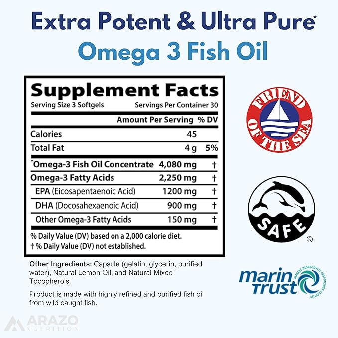 Arazo Nutrition Wild Caught Omega-3 Fish Oil Concentrate – 4080mg per Serving – High EPA 1200mg &amp DHA 900mg – 90 Burpless Lemon Softgels