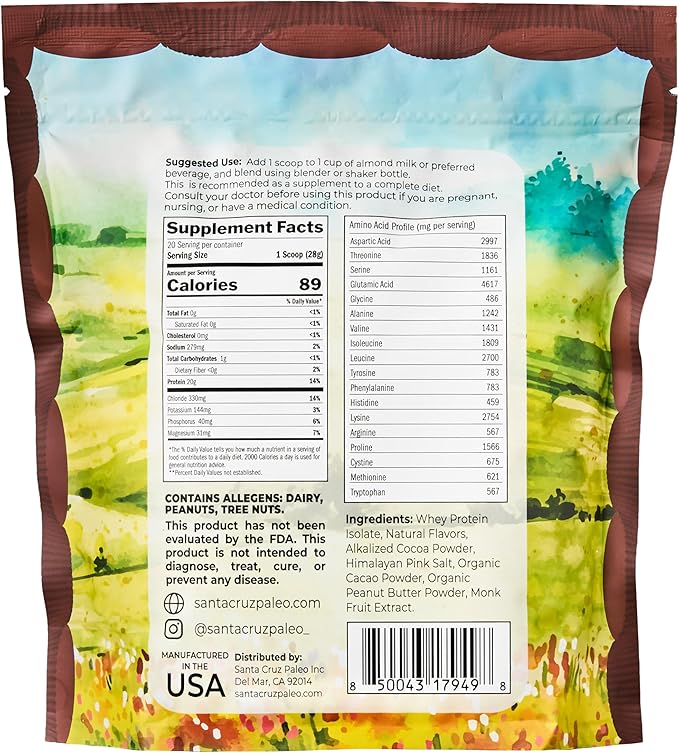 Santa Cruz Paleo Whey Protein Powder Peanut Butter Cup 20 G Grass Fed Whey Protein Isolate Per Serving Gluten Free Paleo &amp Keto Friendly No Sugar Added Protein Shake Mix 20 Servings 1.2 lb