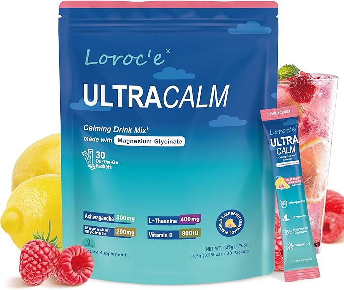 UltraCalm Super Cortisol Drink with Magnesium Glycinate Ashwagandha L-Theanine Vitamin D3 Magnesium Powder for Sleep &amp Stress Relief Raspberry Lemonade (30 Servings)