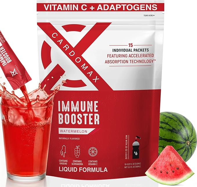 CardoMax Immunity Booster Liquid Drink Mix for Kids &amp Adults with Vitamin C Ginseng Rhodiola &amp Schisandra – Sugar-Free Immune Support Supplement Watermelon Flavor 15 Single-Serve Liquid St