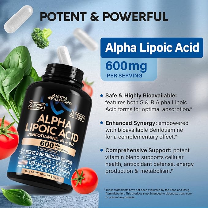 Alpha Lipoic Acid 600mg - ALA Supplement Antioxidant for Nerve Energy &amp Metabolism Support - Extra Strength with Benfotiamine B1 &amp B12 - Lab Tested NON-GMO &amp Vegan - 120 Capsules 2 Mon
