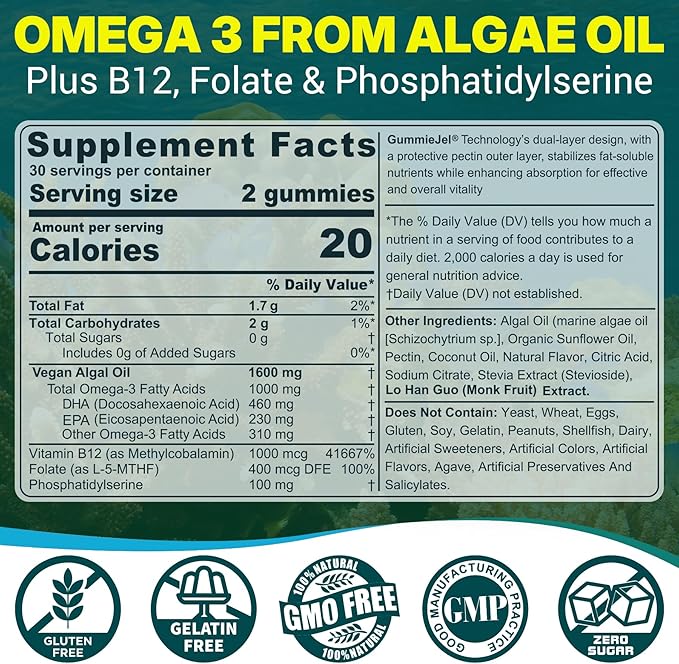 Vegan Omega-3 Gummies for Adults Fish Oil Alternative from Algae Oil Plant Based DHA 460mg &amp EPA 230mg Plus MethylFolate Vitamin B12 Phosphatidylserine No Fishy Taste Vegan Sugar Free 60 C