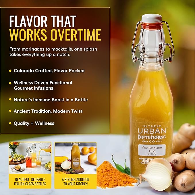 The Urban Farmhouse Co. Organic Vinegar Shrub – Farmhouse Fire 9 oz Bottle – Small Batch Drinking Vinegar w/Apple Cider Vinegar Savory – Cocktail Mixer Gut Health Tonic Wellness Gift