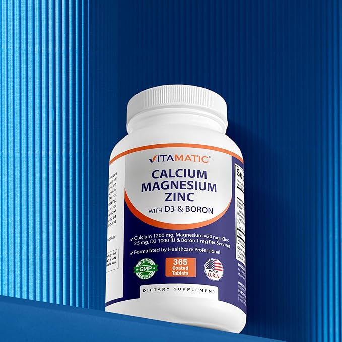 Vitamatic Calcium Magnesium Zinc D3 Boron | 365 Coated Tablets Supplement | Calcium 1200 mg Magnesium 420mg Zinc 25mg Vitamin D3 1000 IU Boron 1 mg | Non-GMO | Gluten Free | Made in USA-2 Pack