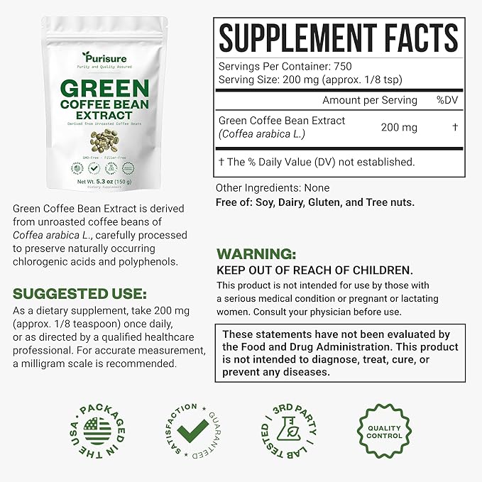 Purisure Green Coffee Bean Extract Powder 150g (5.3 oz) Green Coffee Bean Extract 750 Servings