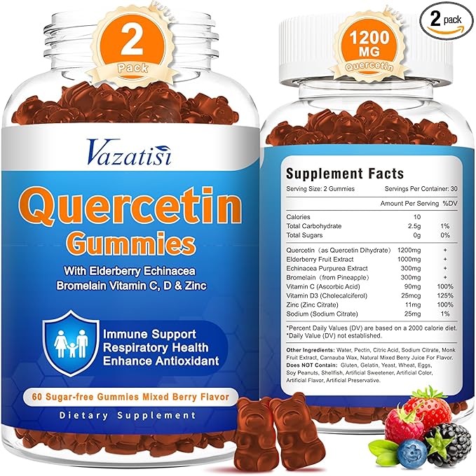 2 Pack Quercetin with Bromelain Gummies Quercetin 1200MG with Vitamin C Zinc &amp Elderberry for Immune System &amp Allergy Chewable &amp Vegan Gummies Mixed Berry Flavor 120 Cts