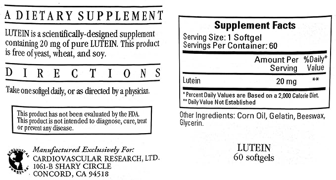 Lutein 20mg 60 Softgels - 3 Pack - Ecological Formulas/Cardiovascular Research