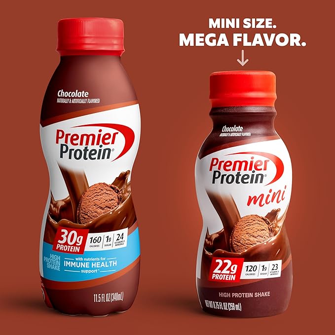 Premier Protein Shake Cookie Dough 12 Pack 30g Protein 1g Sugar + Chocolate Protein Shake MINIs Pack of 12 22g Protein 1g Sugar