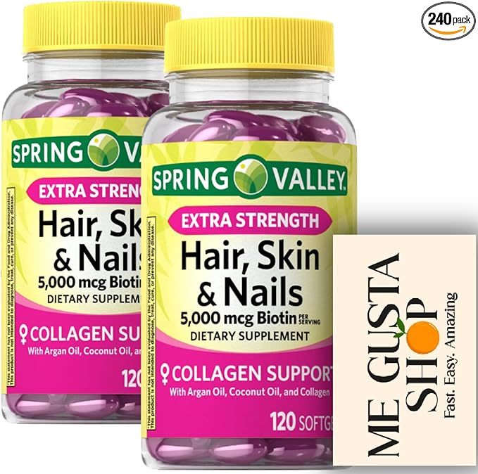 Spring Valley Hair Skin &amp Nails Biotin Collagen Gelatin Extra Strength Dietary Supplement 120ct (Pack of 02) 240 Total + me Gusta Sticker