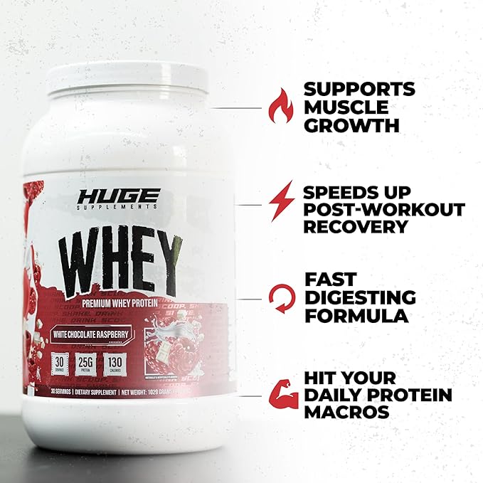 Huge Whey Protein Powder for Muscle Gain 25g Protein 12g EAAs Supports Muscle Growth Performance &amp Recovery (White Chocolate Raspberry 30 Servings)