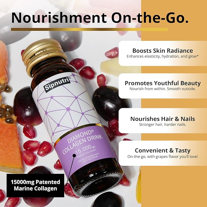 Diamond Collagen Drink 15000mg Marine Collagen Peptides Liquid Shots Best Served Chilled to Minimize Fish Taste Supports Skin Hair &amp Nail Health -1.69 fl oz x10