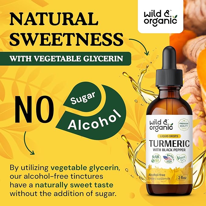 Wild &amp Organic Turmeric Curcumin Supplement with Black Pepper - Movement &amp Immune Support - Liquid Turmeric Curcumin with Black Pepper - Add to Tea Drops - Vegan Sugar &amp Alcohol-Free Tinc