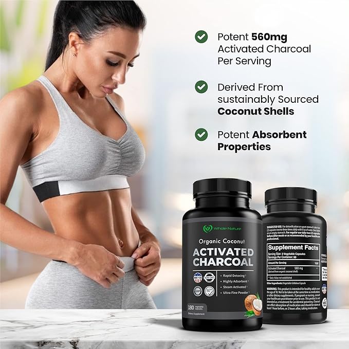 Coconut Activated Charcoal Capsules 180 Charcoal Capsules Teeth Whitening Helps Constipation Bloating Stomach Gas Heartburn Pure Coconut Derived Supplement (2)
