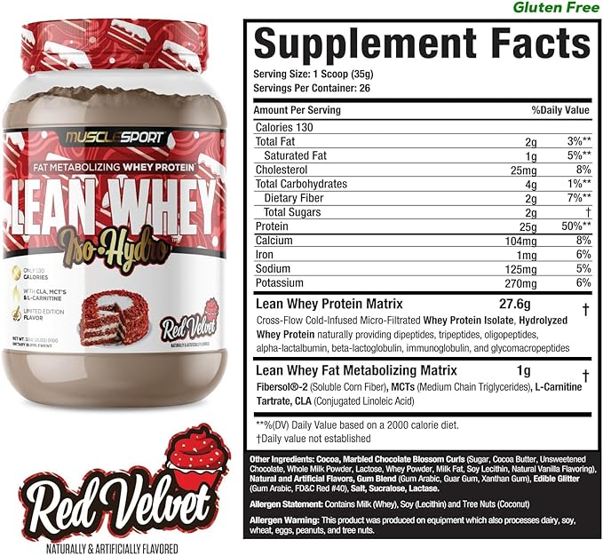 Musclesport Lean Whey Revolution™ Protein Powder - Whey Protein Isolate - Low Calorie Low Carb Low Fat Incredible Flavors - 25g Protein per Scoop - 2lb Red Velvet