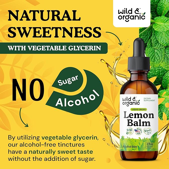 Wild &amp Organic Lemon Balm Drops - Relaxation Support - Lemon Balm Extract Supplement - Melissa Officinalis Herb Tincture - Add to Tea for Calmness Support - Vegan Sugar &amp Alcohol-Free - 2 fl