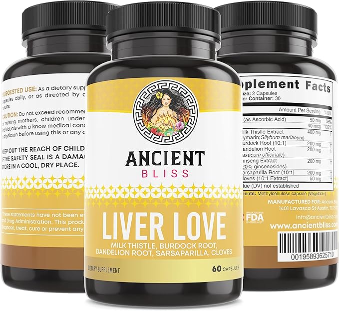 Ancient Bliss Liver Love - Natural Milk Thistle Liver Detox and Liver Health Cleanse Supplement - Support Healthy Liver in Men and Women - 60 Capsules - with Burdock Dandelion Cloves and More