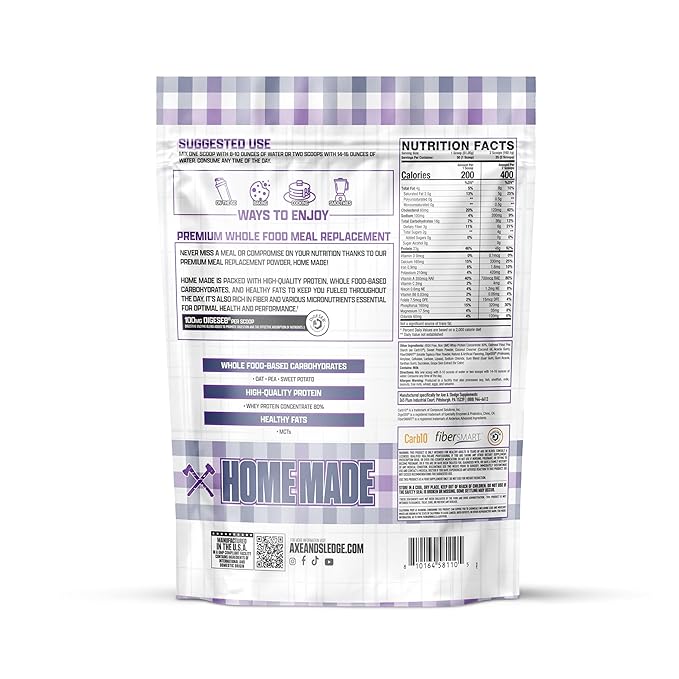 Axe &amp Sledge Home Made Whole-Foods-Based Meal Replacement Powder | 48g Protein | Digestive Enzymes &amp Fiber Non-GMO | Premium Ingredients | Protein Powder for Bulking | 25 Servings Blueberry