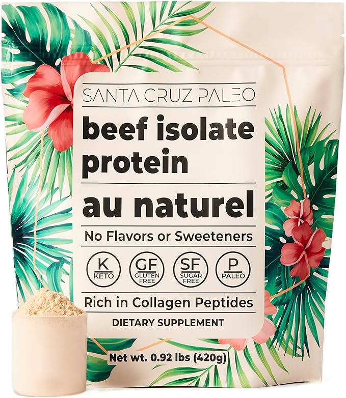 Santa Cruz Paleo Beef Isolate Protein Powder Au Naturel Rich in Collagen Peptides for Protein Shakes or Smoothies Gluten Free Keto Paleo Unflavored Unsweetened1.1lbs (20g Protein Per Serving)