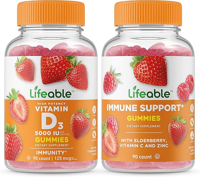 Lifeable Vitamin D 5000 IU + Immune Support Gummies Bundle - Great Tasting Vitamin Supplement Gluten Free GMO Free Chewable Gummy
