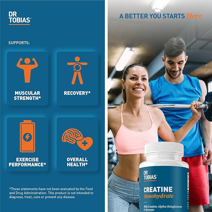 Dr. Tobias Creatine Monohydrate Pills | 5g Complex with Creatine Alpha-Ketoglutarate &amp Pyruvate | Muscle Strength Energy &amp Recovery | 90 Tablets