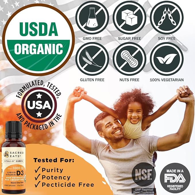 Organic Liquid Vitamin D Drops for Kids &amp Adults Sugar Free. Easy to Use 1000 IU/Drop in Coconut MCT Oil. Lasts Months Best for High Doses. Max Absorption VIT D3 Supplement. Great Taste (Citrus
