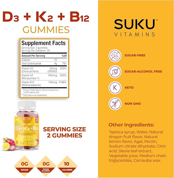 SUKU Vitamins Vegan D3 + K2 + B12 Sugar-Free &amp Sugar-Alcohol-Free Keto 2000IU Vitamin D Gummy Supplement for Healthy Bones Immune Function Healthy Metabolism Lemon Dragon Fruit Flavor (50 Gummi