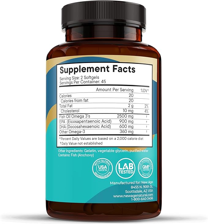 NEW AGE Omega 3 Fish Oil 2500mg Supplement Non GMO - EPA DHA Fatty Acids Gluten Free (180 Softgels (Pack of 2))