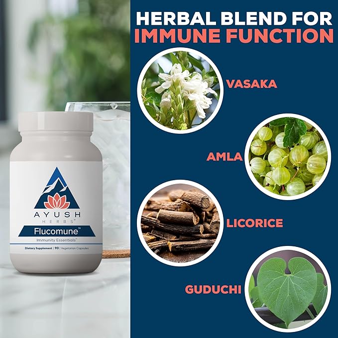 Ayush Herbs Flucomune - Immune Support Supplement Sinus Support for Women &amp Men Herbal Lung &amp Respiratory Balance for Adults - 90 Vegetarian Capsules (1 Count)