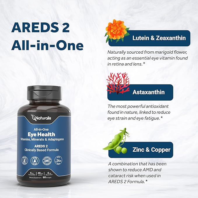 Naturalis Areds2 Clinically Based Eye Supplement | Lutein Zeaxanthin Astaxanthin Bilberry Blueberry Cranberry &amp Grape Seed Adaptogen Blend | 60 Vision Essential Softgels
