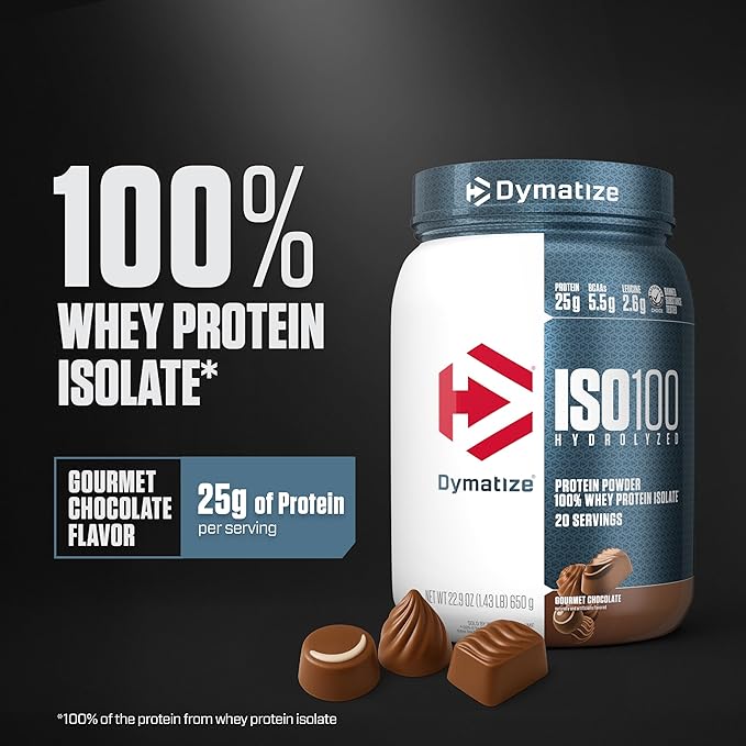 Dymatize ISO100 Whey Protein Powder Isolate Gourmet Chocolate 25g of Protein 20 Servings 5.5g BCAAs Less Than 120 Cal. Gluten Free 1g Fat 1g Sugar 2g Carb