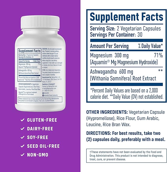 NativePath Native Balance Magnesium Supplement with Ashwagandha - High Absorption Aquamin Ocean-Sourced Formula - 60 Capsules