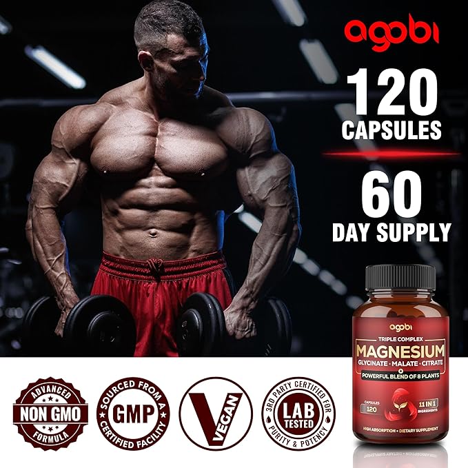 Magnesium Triple Complex - 600mg Magnesium Glycinate Malate &amp Citrate - Added Spinach Swiss Chard &amp Others - Support Calm Restful Mood &amp Muscle Cramp - 120 Capsules