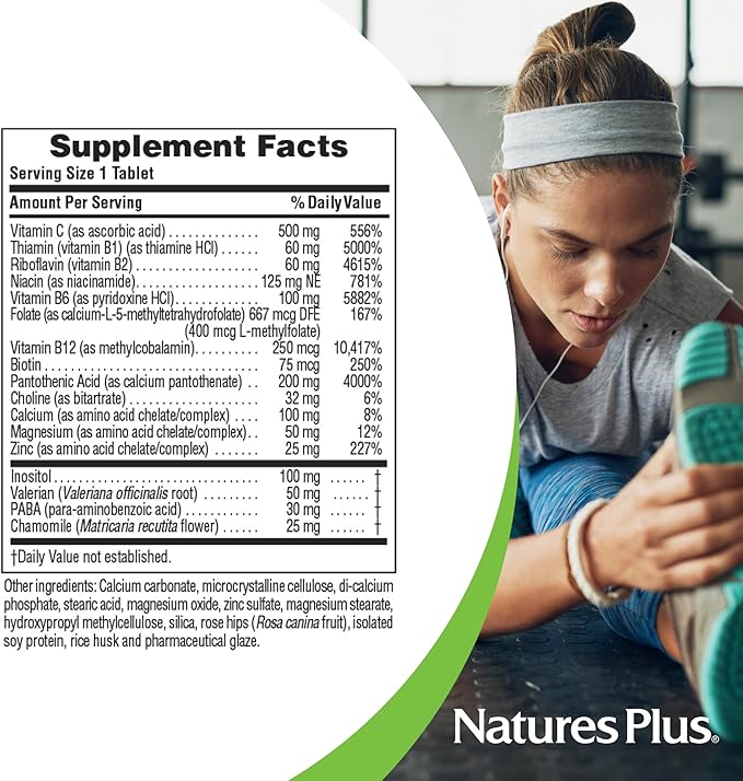 NaturesPlus Mega-Stress Complex - 60 Sustained Release Tablets - B Complex Vitamin C Supplement with Chamomile &amp Herbs for Natural Calm - Gluten Free - 60 Servings
