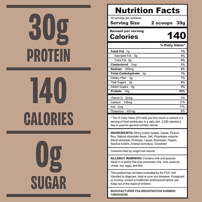 Chocolate Peanut Butter Protein Powder 30G Whey Protein Low Calorie 0g Sugar No Artificial Flavors Soy-Free &amp Gluten-Free 30 Servings