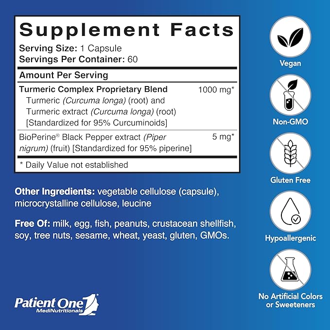 Patient One Turmeric Curcumin 1000 mg | Supplement to Support Healthy Inflammatory Response and More* | with Black Pepper Extract | 60 Capsules