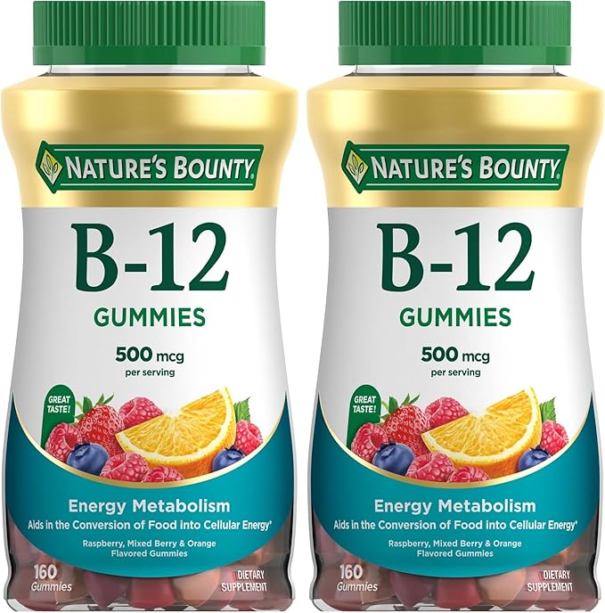 Nature's Bounty Vitamin B12 Gummies Dietary Supplement Supports Energy Metabolism and Nervous System Health Mixed Berry Flavor 500mcg 160 Count (Pack of 2)