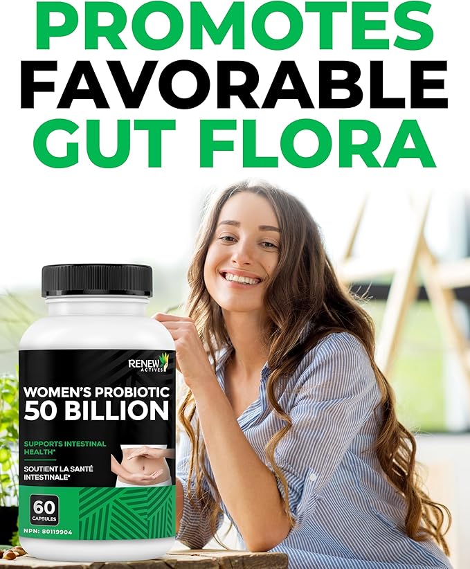 RENEW ACTIVES Probiotics for Women 50 Billion CFU per 2 Capsules – MAKTREK Technology 4 Probiotic Strains &amp Prebiotic Blend– Supports Digestion Health &amp Gut Flora Balance– Made in Canada– 60