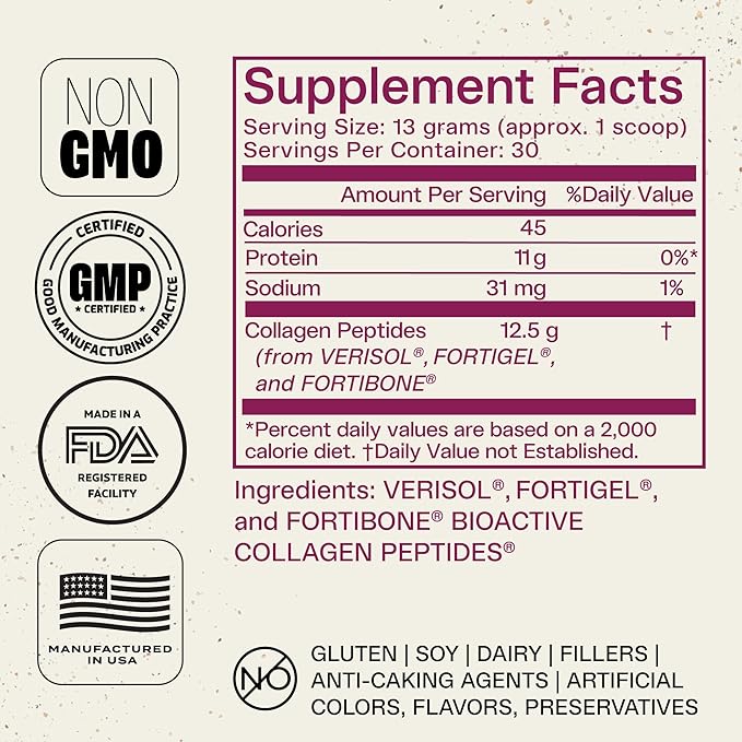 FORTIBONE® Collagen - 3 Clinically-Supported Bioactive Collagen Peptides with FORTIBONE® FORTIGEL® VERISOL® Unflavored Collagen for Women - Reduce Wrinkles Improve Bone Density - 30 Servings