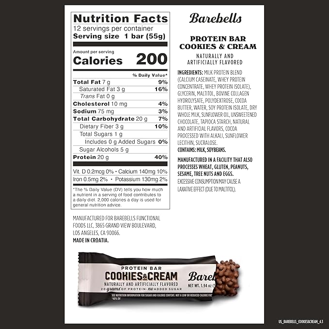 Barebells Protein Bars Cookies &amp Cream - 12 Count 20g High Protein Treats - Chocolate Nutrition Bar with 1g Total Sugars - On-The-Go Breakfast or Post-Workout Snack