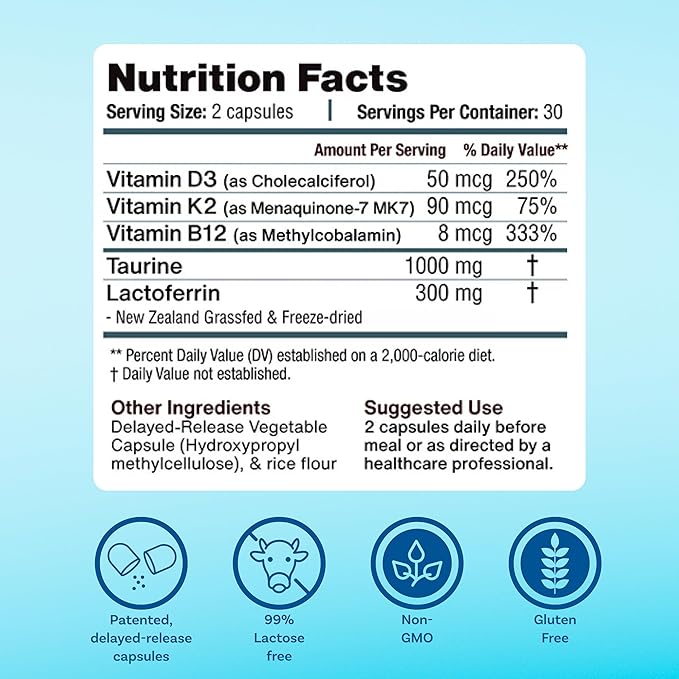 Immune Balance Supplement | Grass-Fed Lactoferrin Taurine Vitamins D3 K2 &amp B12 | 30-Min Delayed-Release | Promotes Gut Digestive &amp Overall Wellness | Low Lactose Made in USA