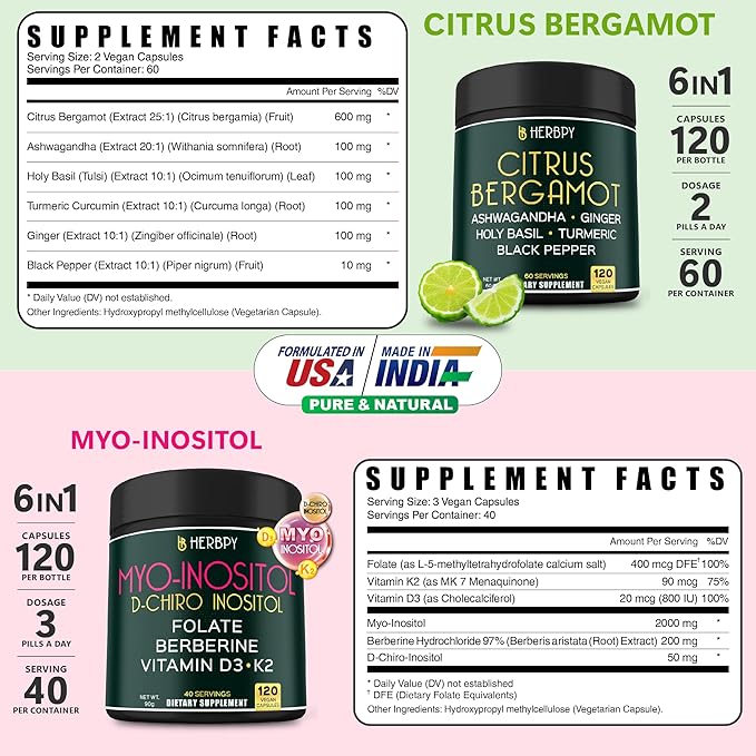 Bundle 6in1 Citrus Bergamot Complex 120 Count &amp 6in1 Myo-inositol &amp D-Chiro Inositol Supplement for Women 120 Count - for Digestion Relaxation &amp Overall Health