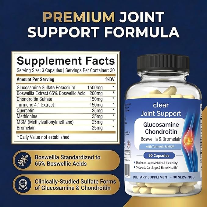Clear Joint Support - 1500mg Glucosamine Chondroitin MSM - 8 in 1 Joint Health Supplement with Turmeric and Boswellia for Men &amp Women Knee Hip &amp Back Support Made in USA 90 Capsules