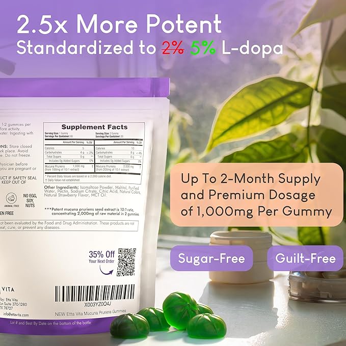 Dopamine Supplement - Sugar-Free Mucuna Pruriens Gummies (2g/serving) Energy &amp Focus Gummies - Potent Mucuna Pruriens Extract Supplement for Calm Mood and Motivation Vegan Non-GMO Gluten-Free