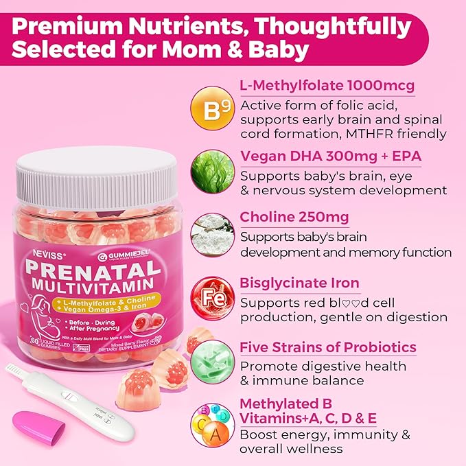 NEVISS Sugar Free 2 Pack 40:1 Ratio Inositol Gummies + 1 Pack Prenatal Vitamins for Women Gummies for BeforeDuring &amp After Pregnancy