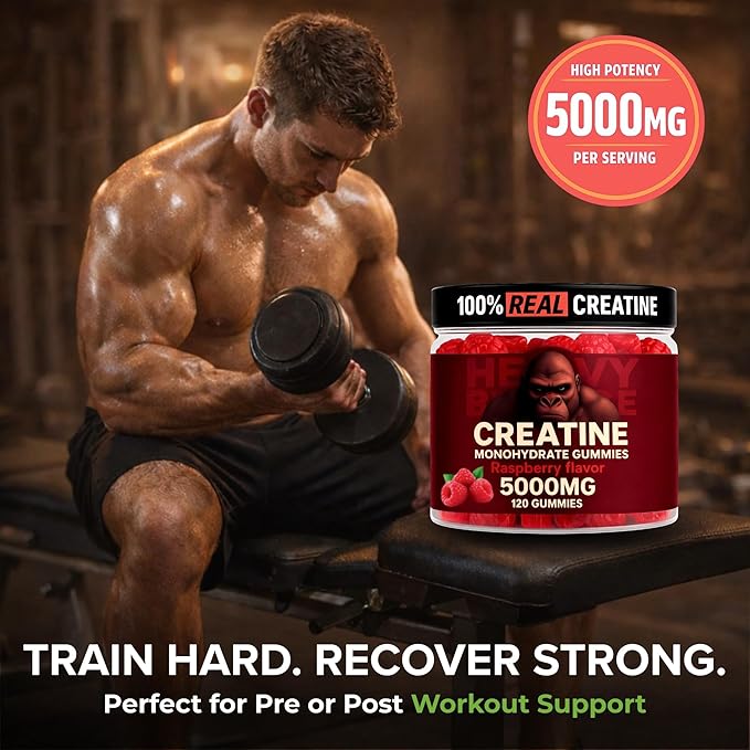 Creatine Monohydrate Gummies 5g Sugar Free Creatine with Vitamin B12 and L-Taurine | Muscle Growth for Men and Women | Low Calorie Formula 120 Gummies for 30 Servings Raspberry